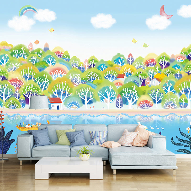 Illustration River and Forest Mural Wallpaper for Children in Blue and Green, Made to Measure Clearhalo 'Wall Decor' 'Wall Mural' 1041169