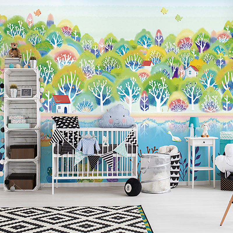 Illustration River and Forest Mural Wallpaper for Children in Blue and Green, Made to Measure Clearhalo 'Wall Decor' 'Wall Mural' 1041170