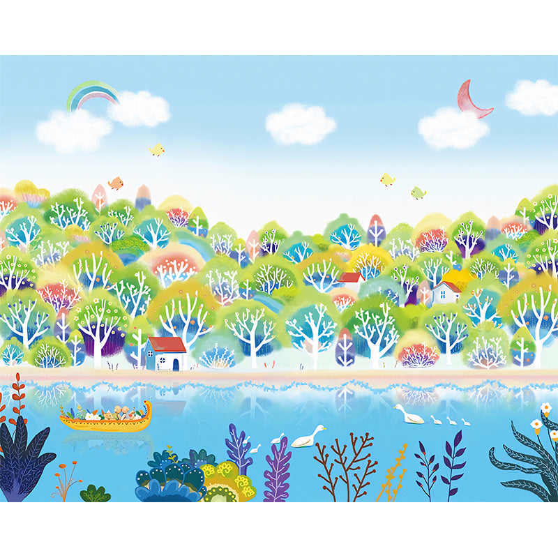 Illustration River and Forest Mural Wallpaper for Children in Blue and Green, Made to Measure Clearhalo 'Wall Decor' 'Wall Mural' 1041171