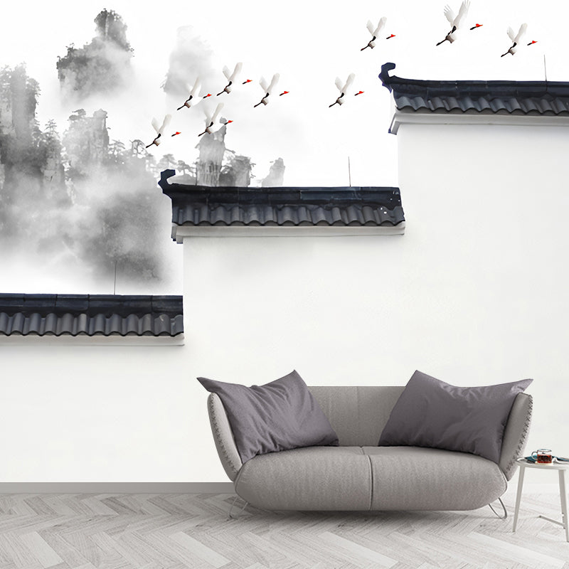 Traditional House and Mountain Mural for Guest Room, Custom-Made Wall Art in Black and White Clearhalo 'Wall Decor' 'Wall Mural' 1041174