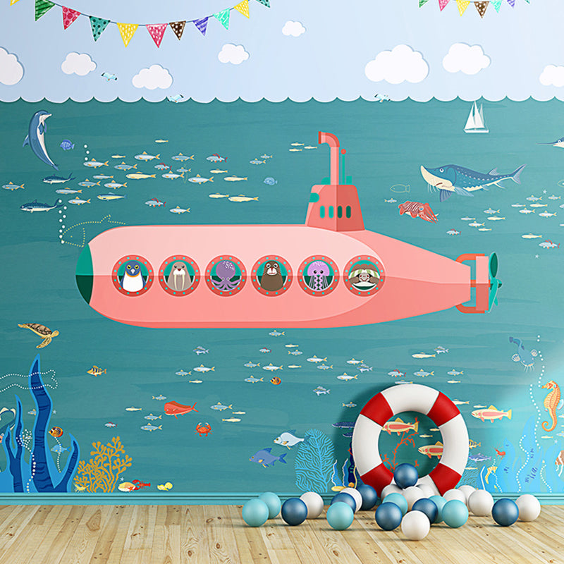 Decorative Submarine and Sea Mural Wallpaper Non-Woven Contemporary Wall Covering for Children's Bedroom Pink-Green Clearhalo 'Wall Decor' 'Wall Mural' 1041178