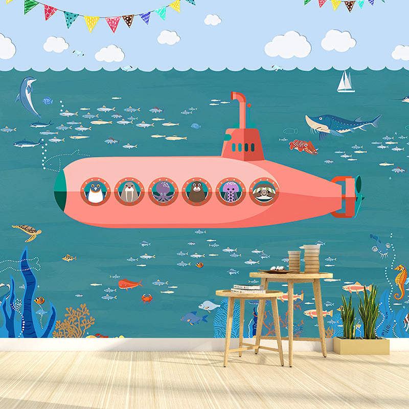 Decorative Submarine and Sea Mural Wallpaper Non-Woven Contemporary Wall Covering for Children's Bedroom Clearhalo 'Wall Decor' 'Wall Mural' 1041179