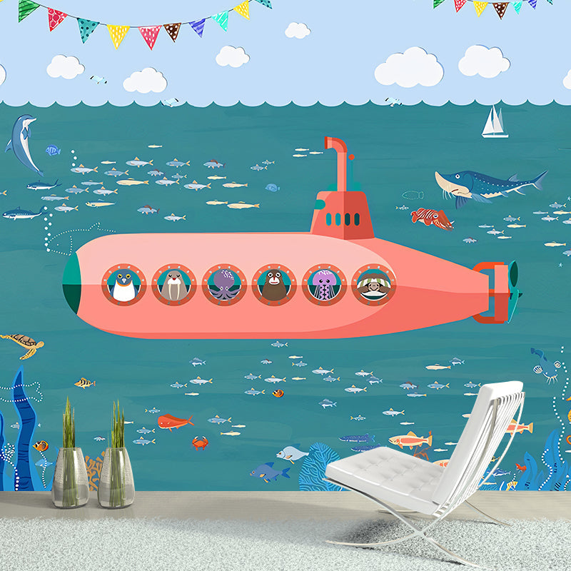 Decorative Submarine and Sea Mural Wallpaper Non-Woven Contemporary Wall Covering for Children's Bedroom Clearhalo 'Wall Decor' 'Wall Mural' 1041180