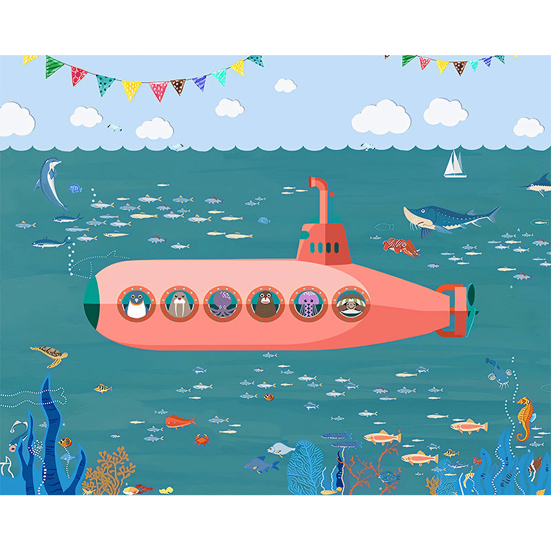 Decorative Submarine and Sea Mural Wallpaper Non-Woven Contemporary Wall Covering for Children's Bedroom Clearhalo 'Wall Decor' 'Wall Mural' 1041181