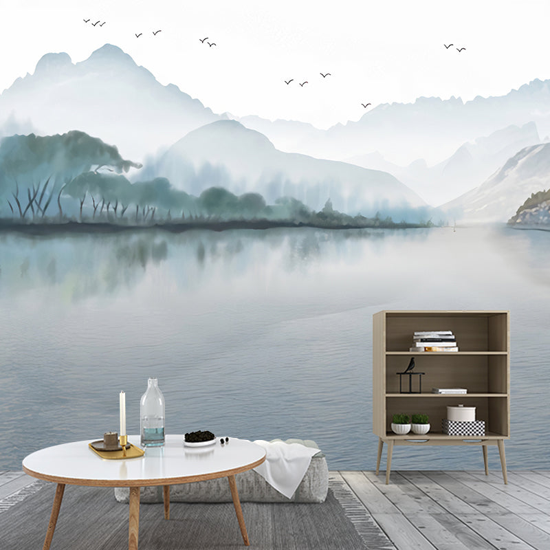 Whole Mountain and Lake Mural in Blue Non-Woven Material Wall Decor for Guest Room, Custom-Made Blue Clearhalo 'Wall Decor' 'Wall Mural' 1041203