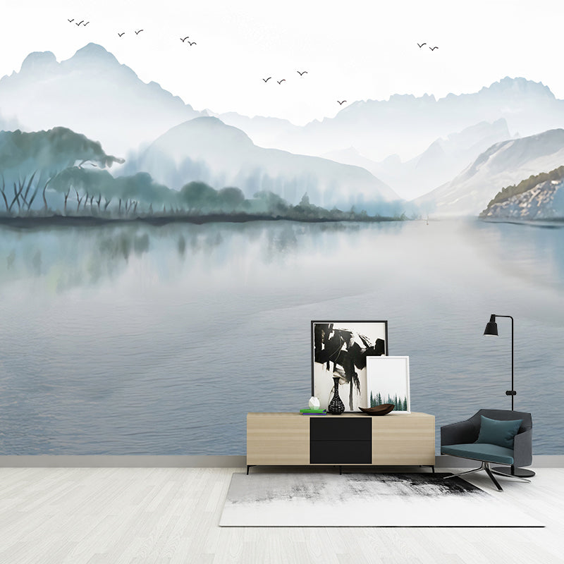 Whole Mountain and Lake Mural in Blue Non-Woven Material Wall Decor for Guest Room, Custom-Made Clearhalo 'Wall Decor' 'Wall Mural' 1041204