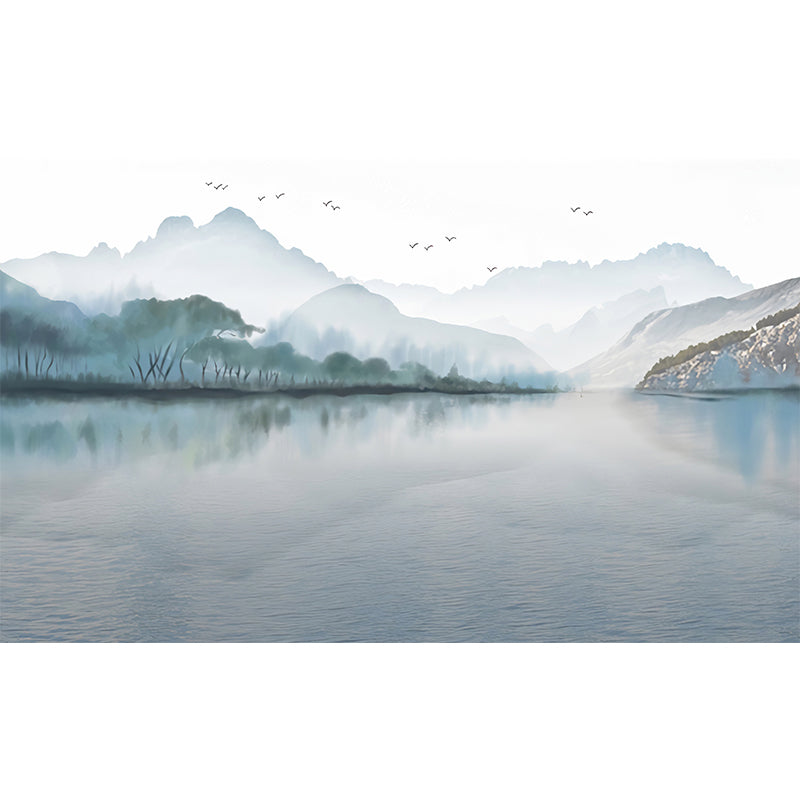 Whole Mountain and Lake Mural in Blue Non-Woven Material Wall Decor for Guest Room, Custom-Made Clearhalo 'Wall Decor' 'Wall Mural' 1041206