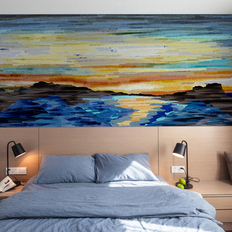 Minimalist Sunset and Beach Mural in Blue and Orange Living Room Wall Art, Made to Measure Orange-Blue Clearhalo 'Wall Decor' 'Wall Mural' 1041213