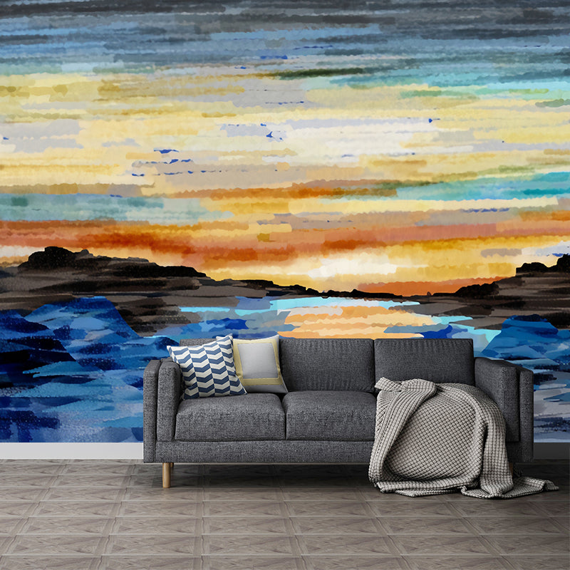 Minimalist Sunset and Beach Mural in Blue and Orange Living Room Wall Art, Made to Measure Clearhalo 'Wall Decor' 'Wall Mural' 1041214