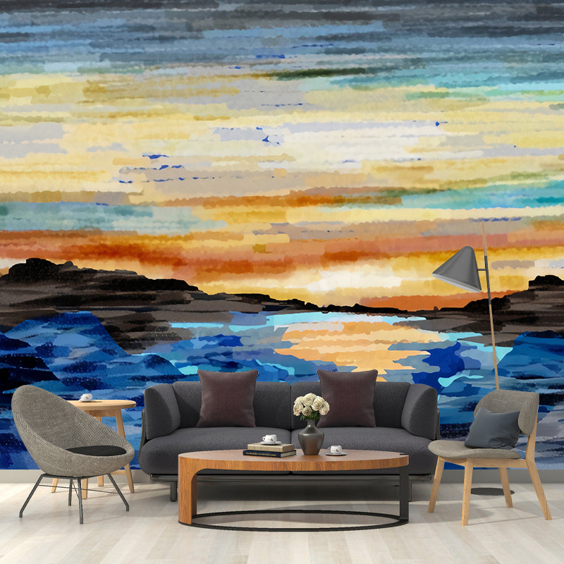 Minimalist Sunset and Beach Mural in Blue and Orange Living Room Wall Art, Made to Measure Clearhalo 'Wall Decor' 'Wall Mural' 1041215