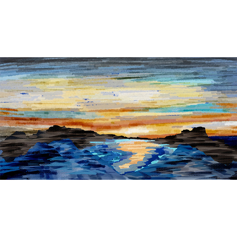 Minimalist Sunset and Beach Mural in Blue and Orange Living Room Wall Art, Made to Measure Clearhalo 'Wall Decor' 'Wall Mural' 1041216