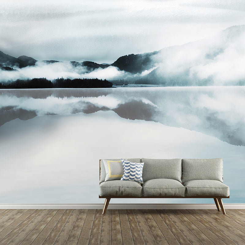 Photo Mountain and Lake Mural Wallpaper Full Size Wall Art for Dining Room, Custom-Made Blue-Green Clearhalo 'Wall Decor' 'Wall Mural' 1041223