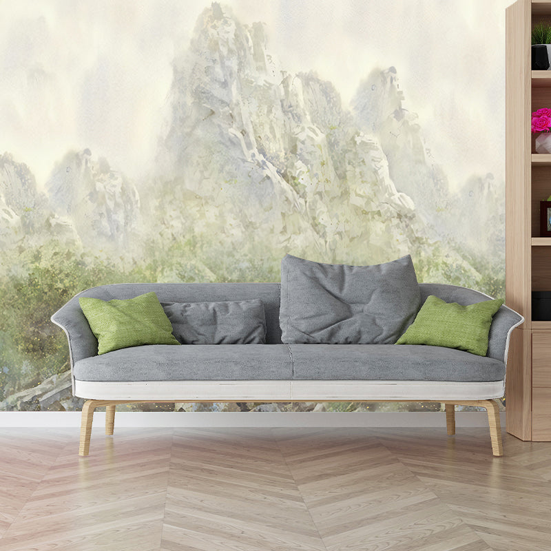 Contemporary Mountain Wall Mural Decal for Living Room Decoration, Custom-Printed Wall Art in Beige and Green Clearhalo 'Wall Decor' 'Wall Mural' 1041230