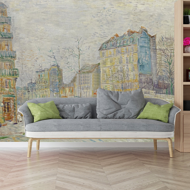 Full Illustration Classic Wall Mural for Guest Room Decor with European Building in Yellow and Blue Clearhalo 'Wall Decor' 'Wall Mural' 1041239