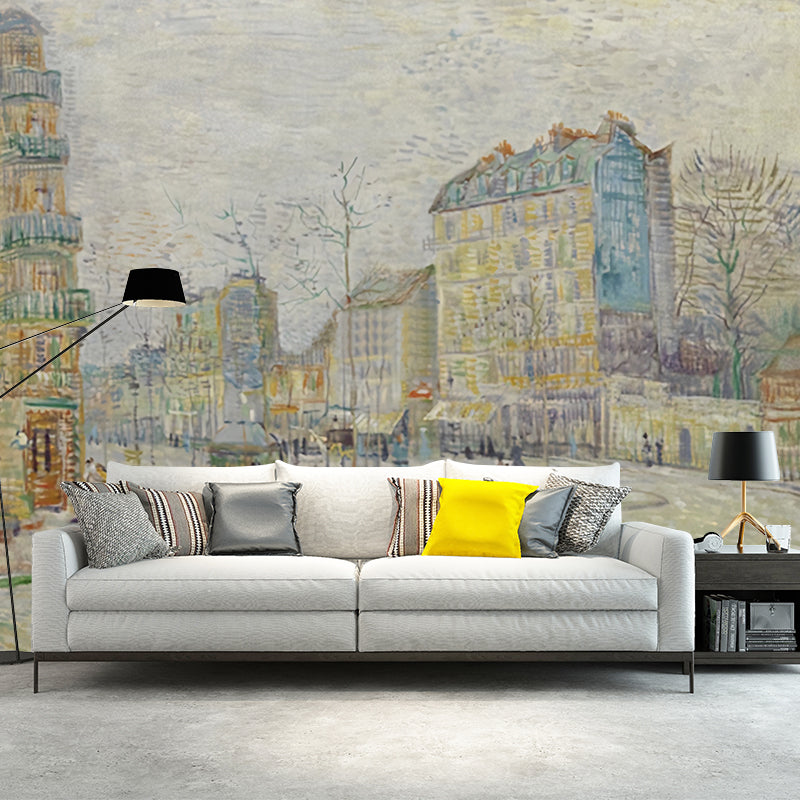 Full Illustration Classic Wall Mural for Guest Room Decor with European Building in Yellow and Blue Clearhalo 'Wall Decor' 'Wall Mural' 1041240