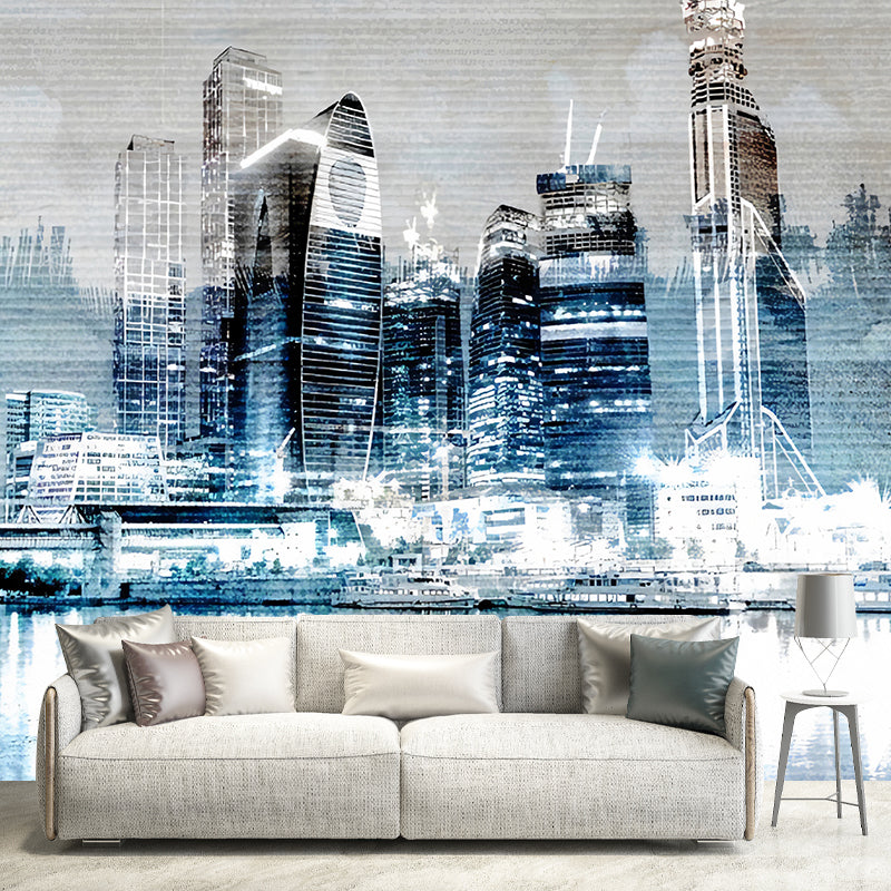 Stain-Resistant Skyscraper Mural Wallpaper Non-Woven Fabric Contemporary Wall Art for Office Room Blue Clearhalo 'Wall Decor' 'Wall Mural' 1041248