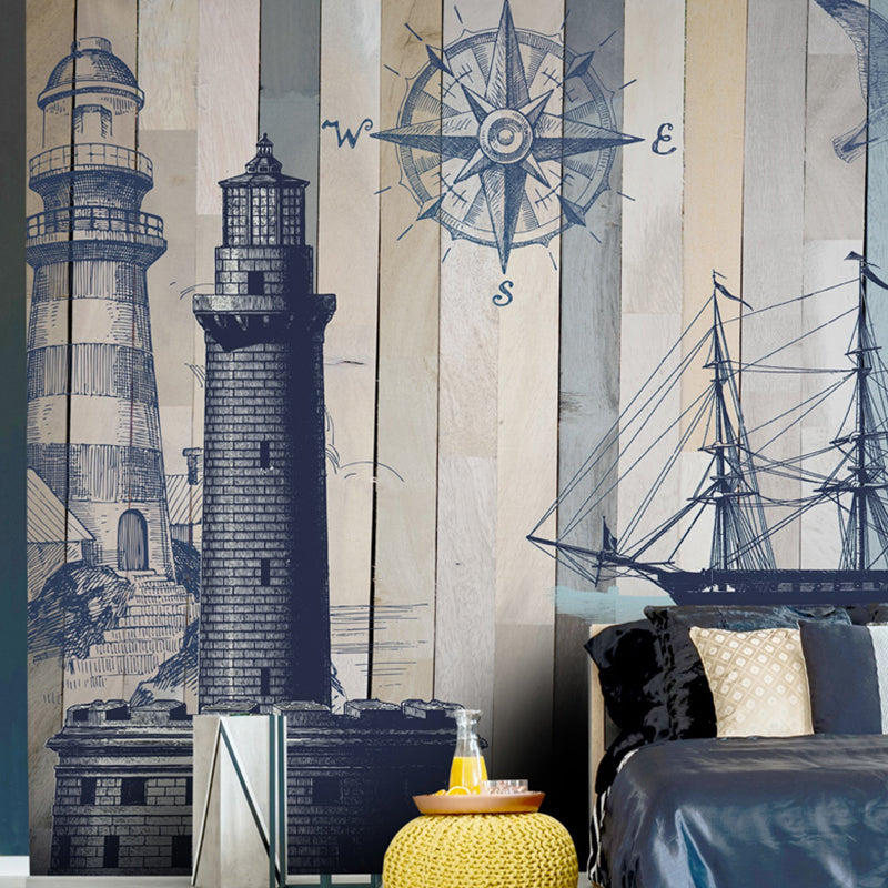 Extra Large Retro Wall Mural in Blue and Grey Beacon and Sailing Boat Wall Covering, Custom-Made Blue-Gray Clearhalo 'Wall Decor' 'Wall Mural' 1041253