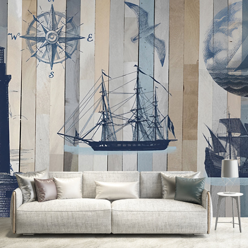 Extra Large Retro Wall Mural in Blue and Grey Beacon and Sailing Boat Wall Covering, Custom-Made Clearhalo 'Wall Decor' 'Wall Mural' 1041254