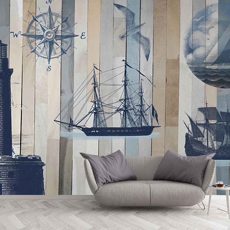 Extra Large Retro Wall Mural in Blue and Grey Beacon and Sailing Boat Wall Covering, Custom-Made Clearhalo 'Wall Decor' 'Wall Mural' 1041255