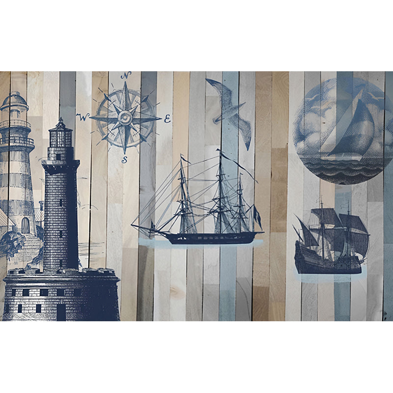 Extra Large Retro Wall Mural in Blue and Grey Beacon and Sailing Boat Wall Covering, Custom-Made Clearhalo 'Wall Decor' 'Wall Mural' 1041256