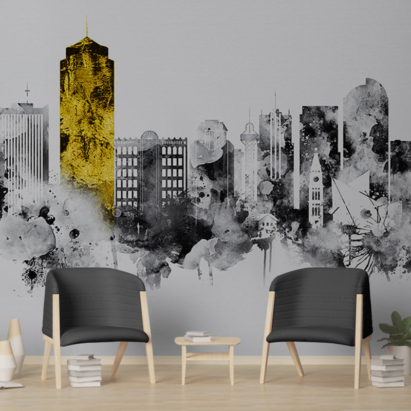 Blue and Yellow Minimalist Mural Personalized Size Construction Wall Art for Meeting Room Decor Yellow-Black Clearhalo 'Wall Decor' 'Wall Mural' 1041258