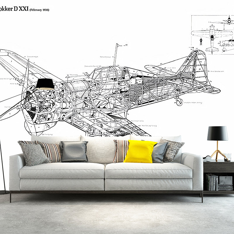 Airplane Design Wall Mural Decal for Accent Wall, Black and White, Personalized Size Available Clearhalo 'Wall Decor' 'Wall Mural' 1041274