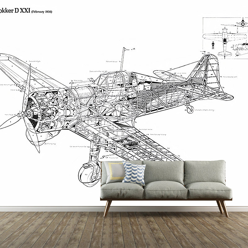 Airplane Design Wall Mural Decal for Accent Wall, Black and White, Personalized Size Available Clearhalo 'Wall Decor' 'Wall Mural' 1041275