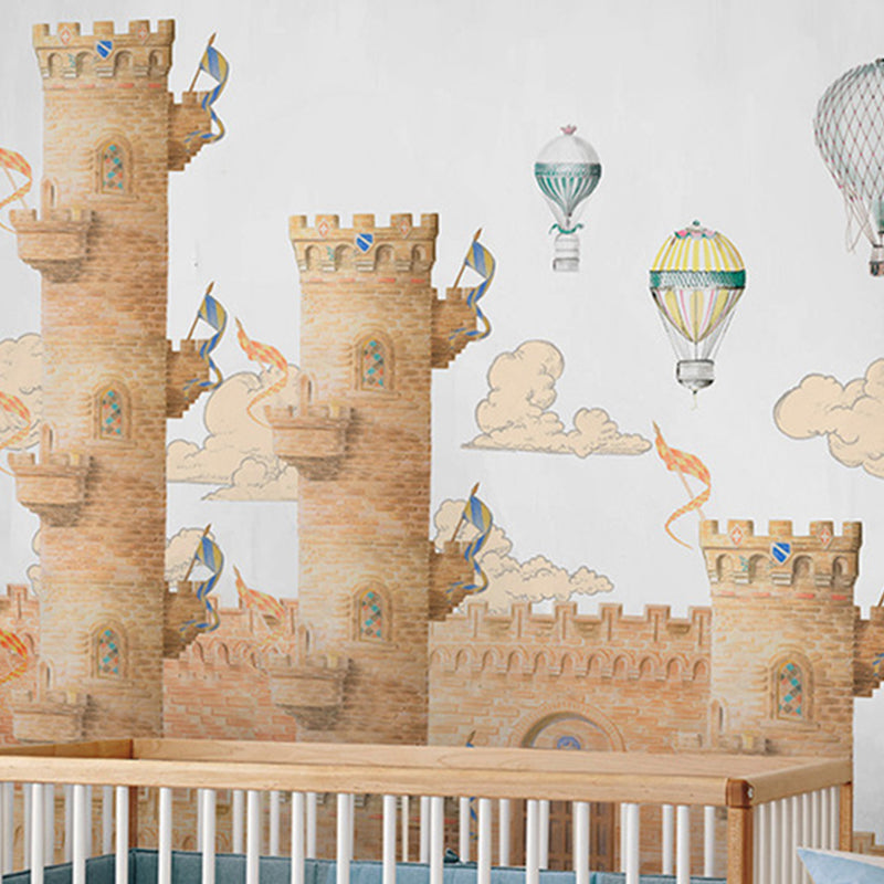 Big Castle and Balloon Mural Wallpaper in Brown Non-Woven Fabric Wall Art for Home Decor, Made to Measure Clearhalo 'Wall Decor' 'Wall Mural' 1041279