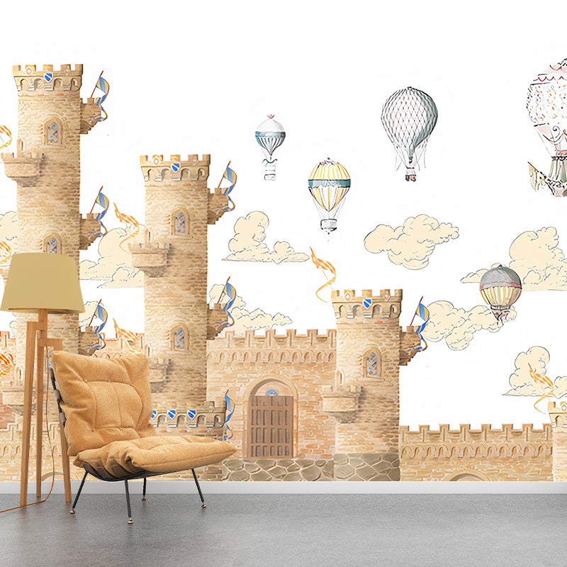 Big Castle and Balloon Mural Wallpaper in Brown Non-Woven Fabric Wall Art for Home Decor, Made to Measure Clearhalo 'Wall Decor' 'Wall Mural' 1041280