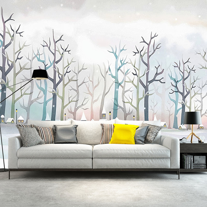 Minimalist Leafless Tree Wall Mural in Soft Color Guest Room Wall Covering, Custom Size Available Clearhalo 'Wall Decor' 'Wall Mural' 1041285