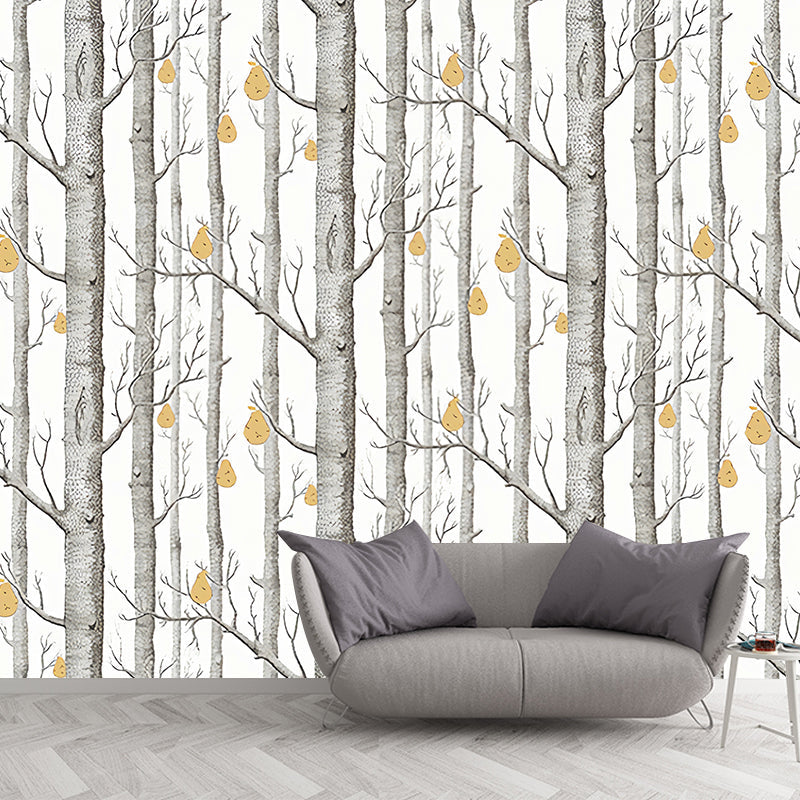 Pastel Grey Birch Tree Mural Wallpaper Moisture-Resistant Wall Decor for Bedroom, Custom-Made Grey Clearhalo 'Wall Decor' 'Wall Mural' 1041288