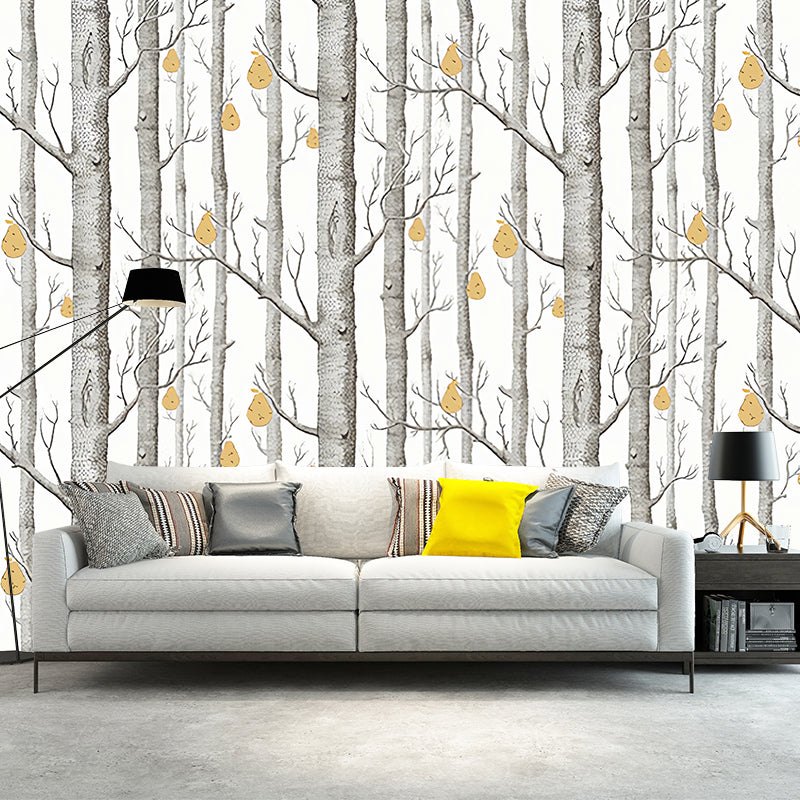 Pastel Grey Birch Tree Mural Wallpaper Moisture-Resistant Wall Decor for Bedroom, Custom-Made Clearhalo 'Wall Decor' 'Wall Mural' 1041289