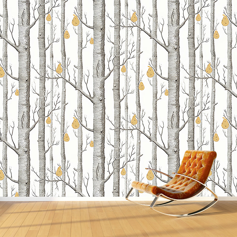 Pastel Grey Birch Tree Mural Wallpaper Moisture-Resistant Wall Decor for Bedroom, Custom-Made Clearhalo 'Wall Decor' 'Wall Mural' 1041290