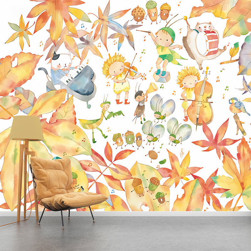 Yellow and White Leaves Mural Wallpaper Water-Resistant Wall Covering for Children's Bedroom Clearhalo 'Wall Decor' 'Wall Mural' 1041305