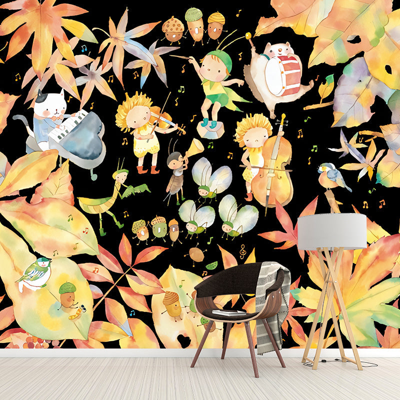 Yellow and White Leaves Mural Wallpaper Water-Resistant Wall Covering for Children's Bedroom Clearhalo 'Wall Decor' 'Wall Mural' 1041309