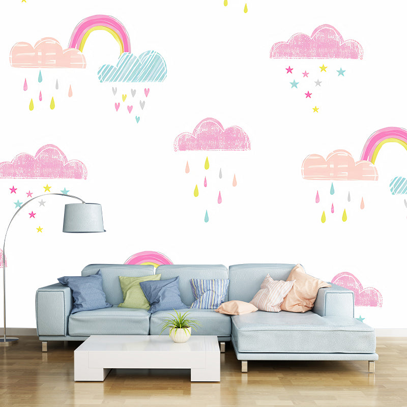 Simplicity Rain and Cloud Mural for Kid's Bedroom, Custom-Made Wall Decor in Pastel Color Clearhalo 'Wall Decor' 'Wall Mural' 1041314