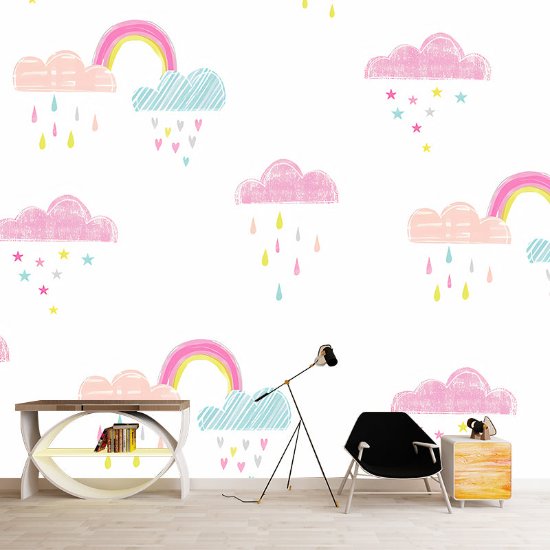 Simplicity Rain and Cloud Mural for Kid's Bedroom, Custom-Made Wall Decor in Pastel Color Clearhalo 'Wall Decor' 'Wall Mural' 1041315