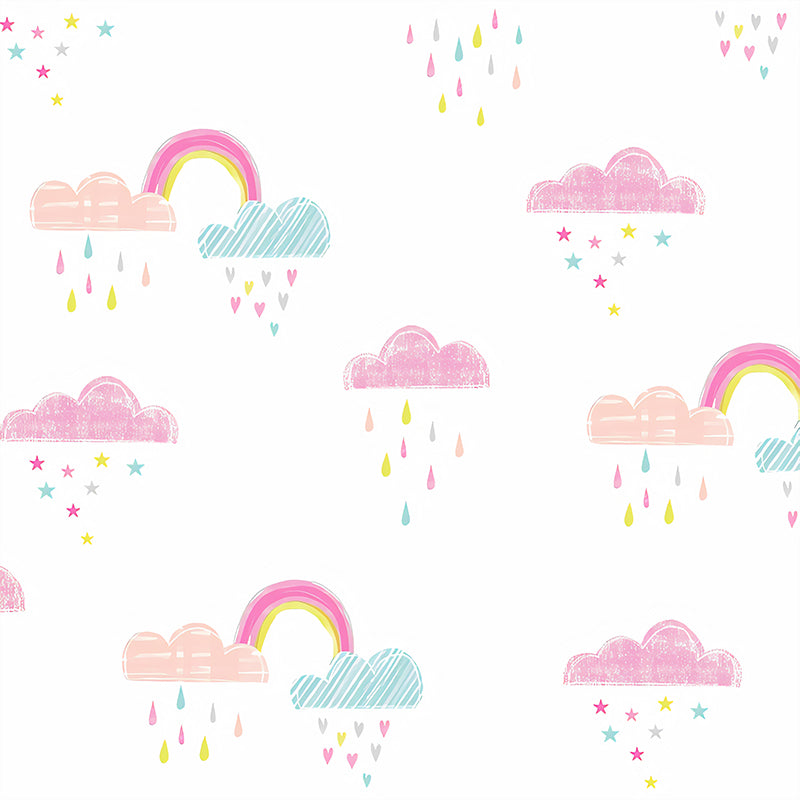 Simplicity Rain and Cloud Mural for Kid's Bedroom, Custom-Made Wall Decor in Pastel Color Clearhalo 'Wall Decor' 'Wall Mural' 1041316