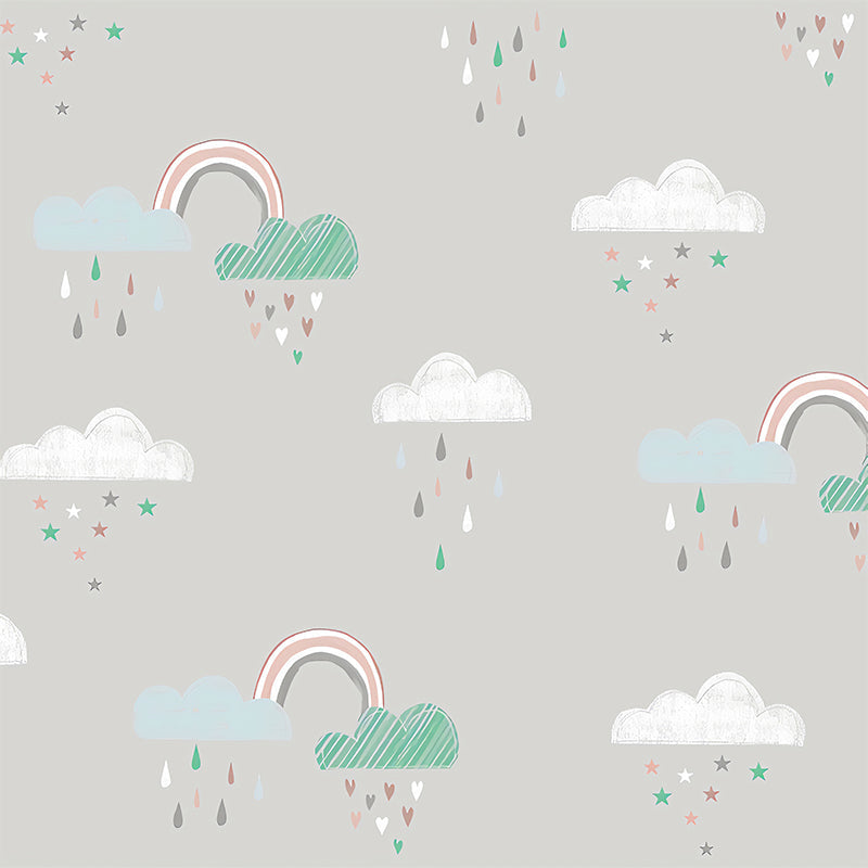 Simplicity Rain and Cloud Mural for Kid's Bedroom, Custom-Made Wall Decor in Pastel Color Clearhalo 'Wall Decor' 'Wall Mural' 1041321