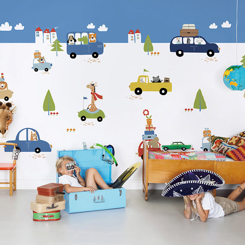 Enormous Illustration Contemporary Mural Wallpaper for Kids with Cartoon Car and Bus Design in Natural Color Blue-White Clearhalo 'Wall Decor' 'Wall Mural' 1041333