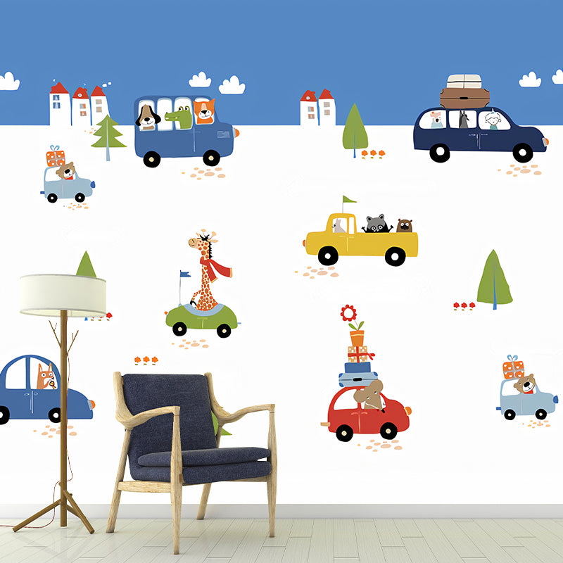 Enormous Illustration Contemporary Mural Wallpaper for Kids with Cartoon Car and Bus Design in Natural Color Clearhalo 'Wall Decor' 'Wall Mural' 1041334