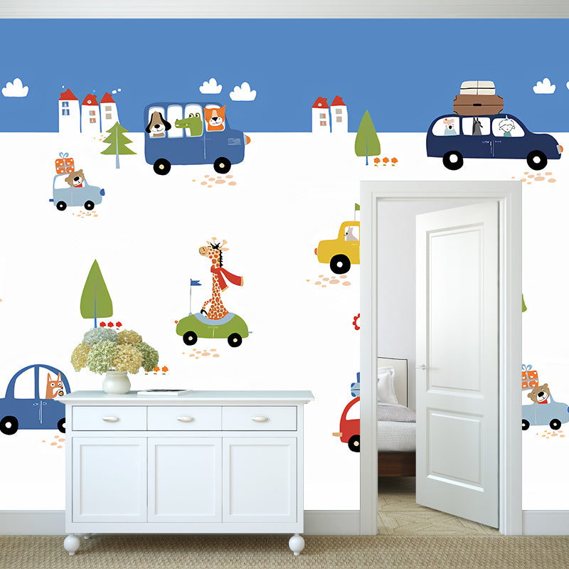 Enormous Illustration Contemporary Mural Wallpaper for Kids with Cartoon Car and Bus Design in Natural Color Clearhalo 'Wall Decor' 'Wall Mural' 1041335