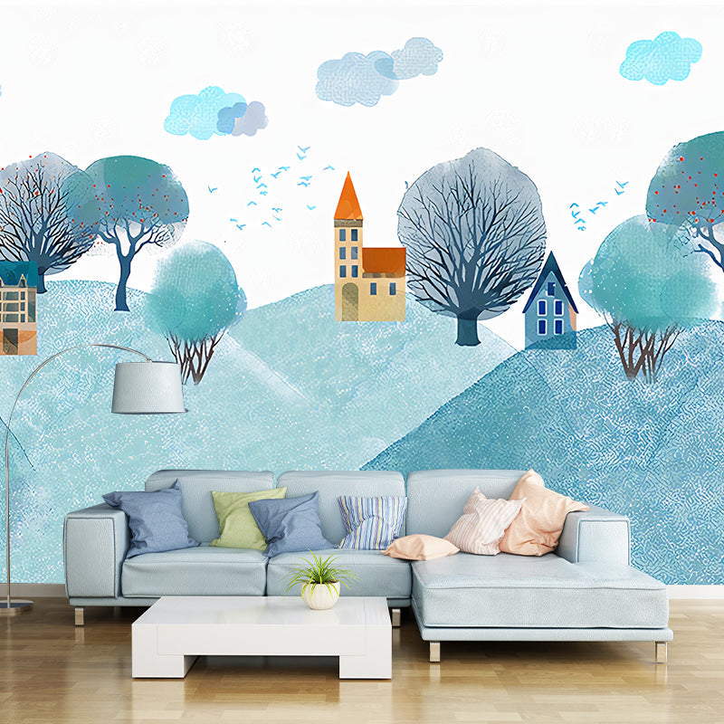 Big Illustration Mountain Peak Mural for Kid's Bedroom Decoration in Aqua, Custom Size Available Clearhalo 'Wall Decor' 'Wall Mural' 1041340