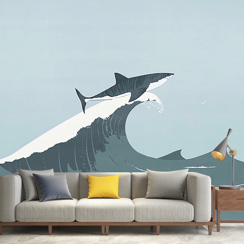 Stain-Resistant Whale Wall Mural Decal Non-Woven Fabric Simple Wall Art for Boy's Bedroom Clearhalo 'Wall Decor' 'Wall Mural' 1041344