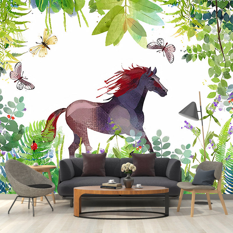 Full Size Minimalist Wall Art in Green Galloping Horse and Butterfly Wall Mural, Made to Measure Green Clearhalo 'Wall Decor' 'Wall Mural' 1041348