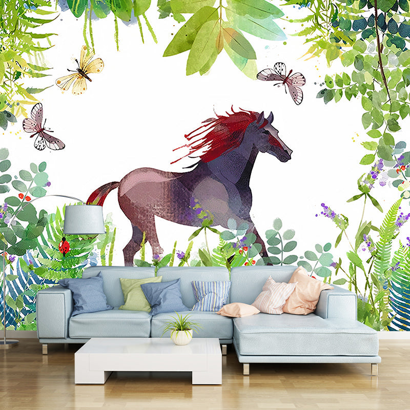 Full Size Minimalist Wall Art in Green Galloping Horse and Butterfly Wall Mural, Made to Measure Clearhalo 'Wall Decor' 'Wall Mural' 1041349