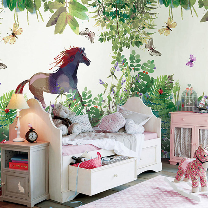 Full Size Minimalist Wall Art in Green Galloping Horse and Butterfly Wall Mural, Made to Measure Clearhalo 'Wall Decor' 'Wall Mural' 1041350