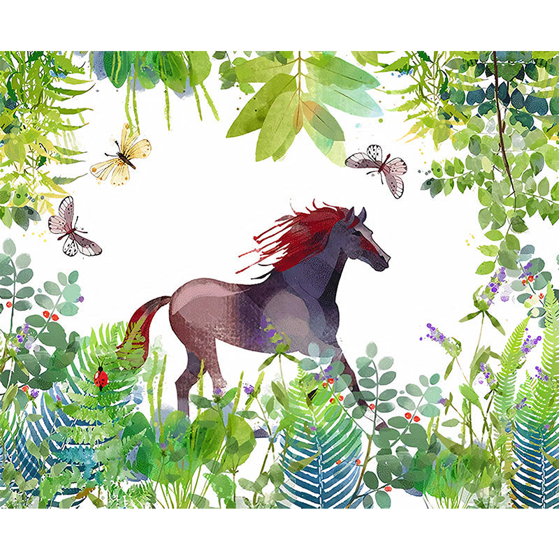 Full Size Minimalist Wall Art in Green Galloping Horse and Butterfly Wall Mural, Made to Measure Clearhalo 'Wall Decor' 'Wall Mural' 1041351