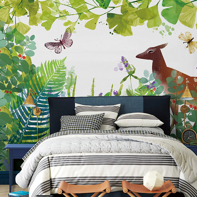 Green Simple Wall Decor Personalized Size Elk and Butterfly Mural Wallpaper for Kids Green Clearhalo 'Wall Decor' 'Wall Mural' 1041353