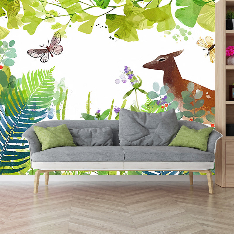 Green Simple Wall Decor Personalized Size Elk and Butterfly Mural Wallpaper for Kids Clearhalo 'Wall Decor' 'Wall Mural' 1041354